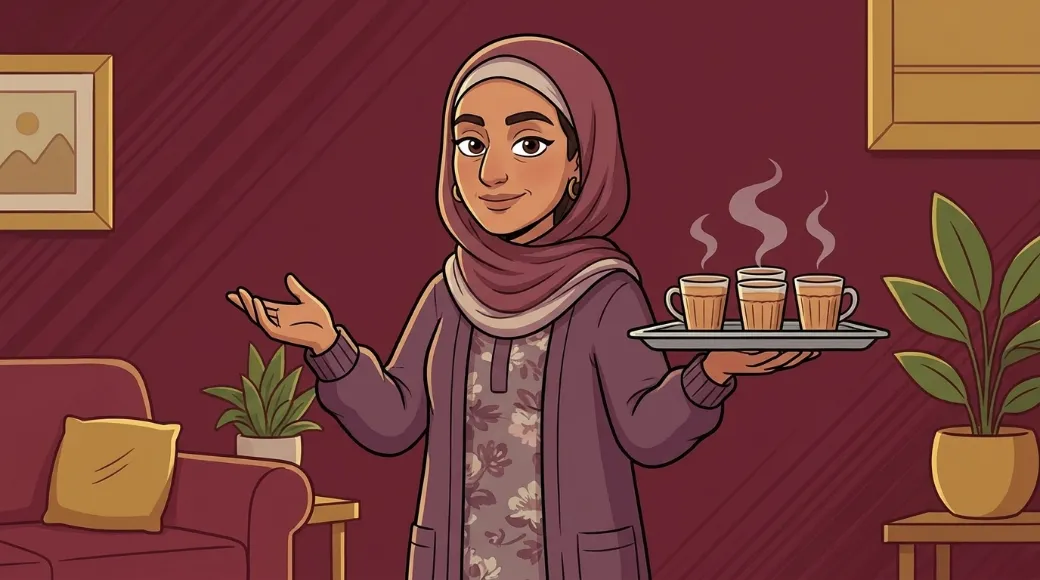 Sadia bringing a tray of chai