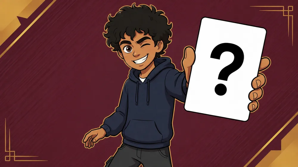 Rayyan winking and holding up a question-mark card